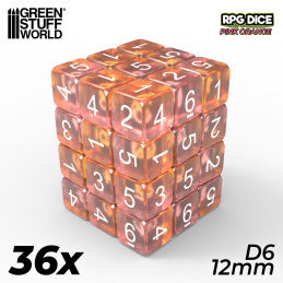 36x D6 12mm Dice - Clear Pink/Orange