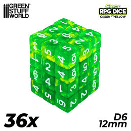 36x D6 12mm Dice - Clear Green/Yellow