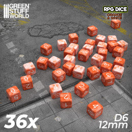 36x D6 12mm Dice - Orange White Marble