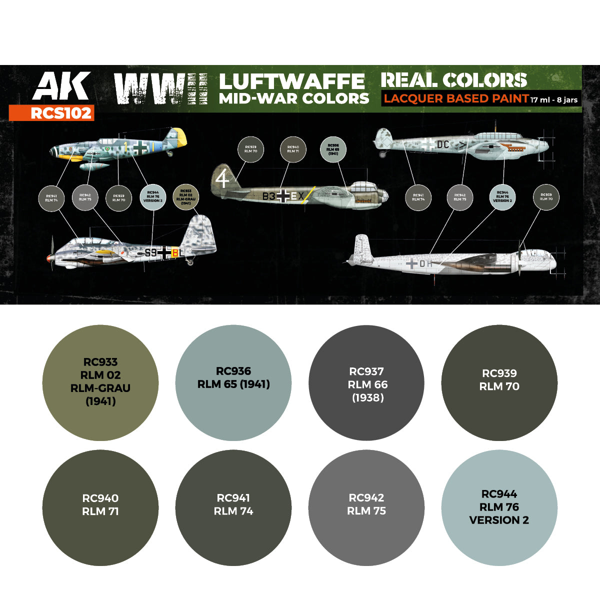 AK Interactive: Real Colors WWII Luftwaffe Mid-War Colors Set (Set of 8)